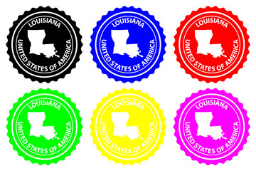Louisiana - rubber stamp - vector, Louisiana (United States of America) map pattern - sticker - black, blue, green, yellow, purple and red