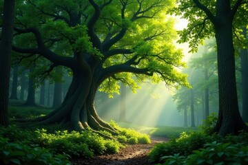 Obraz premium A majestic tree stands tall amidst a sea of dappled sunlight in the wild forest floor, forest floor, roots