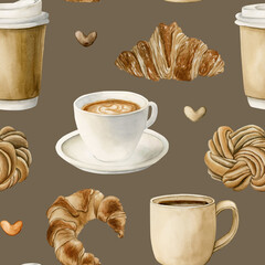 Coffee tea cups and fresh bakery dessert. Hot beverages and pastries. Seamless watercolor pattern on brown background