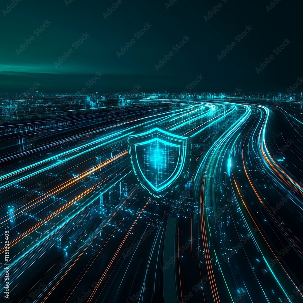 Poster futuristic cybersecurity concept with shield symbol in abstract digital grid background