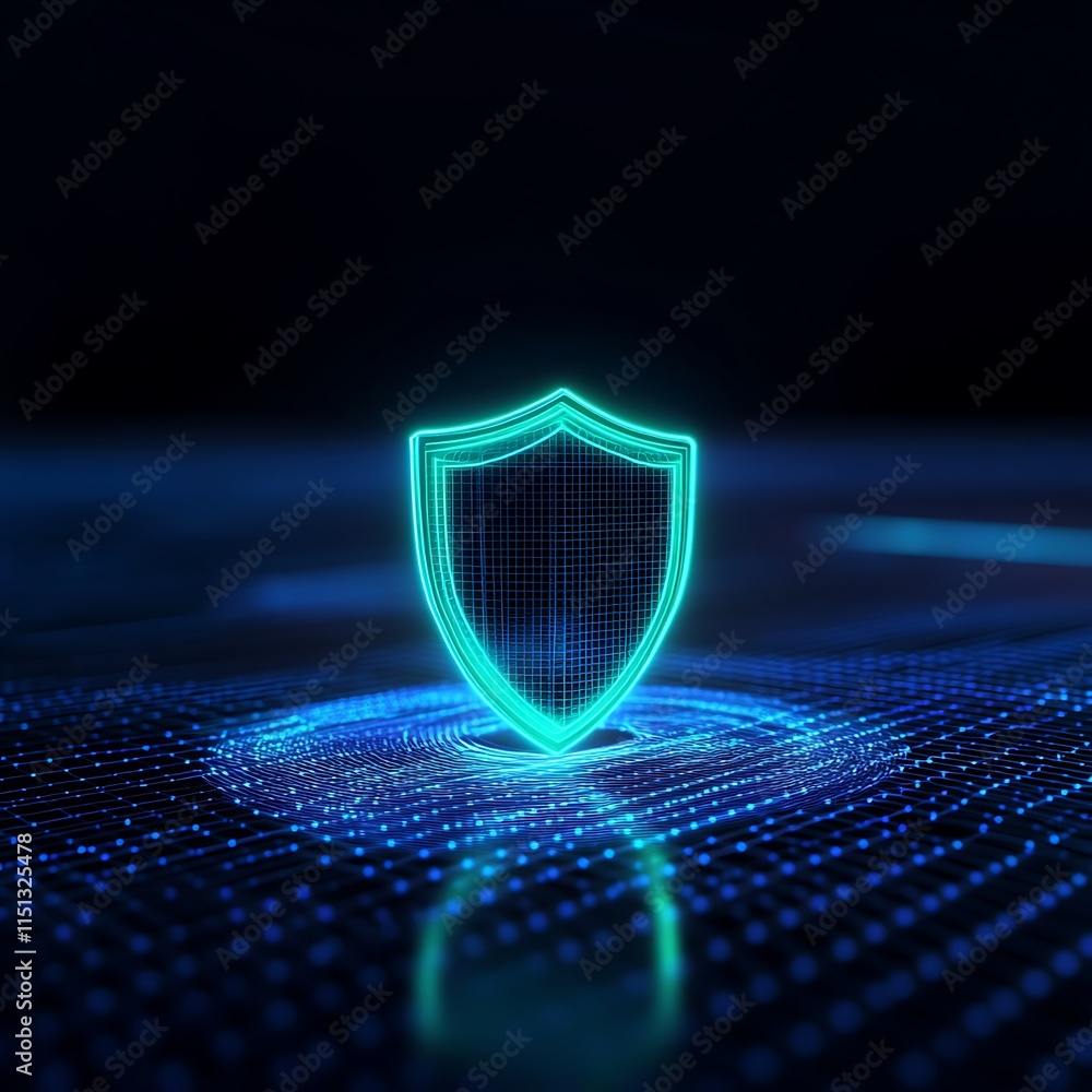 Poster futuristic cybersecurity shield icon representing digital protection in a high-tech matrix environme