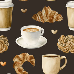 Coffee tea cups, fresh bakery dessert. Hot beverages and pastries. Seamless watercolor pattern on dark black background