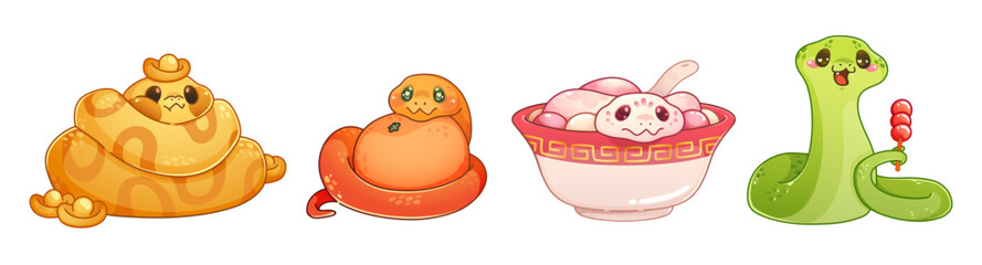 Cute chinese zodiac snake characters set - yellow python with golden ingots, cobra hugging orange fruit, pink reptile in bowl and green serpent holding tanghulu candy. Lunar new year designs.