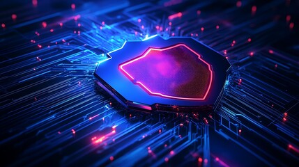 Futuristic Cybersecurity Shield Glowing with Neon Lights on Circuit Board Background