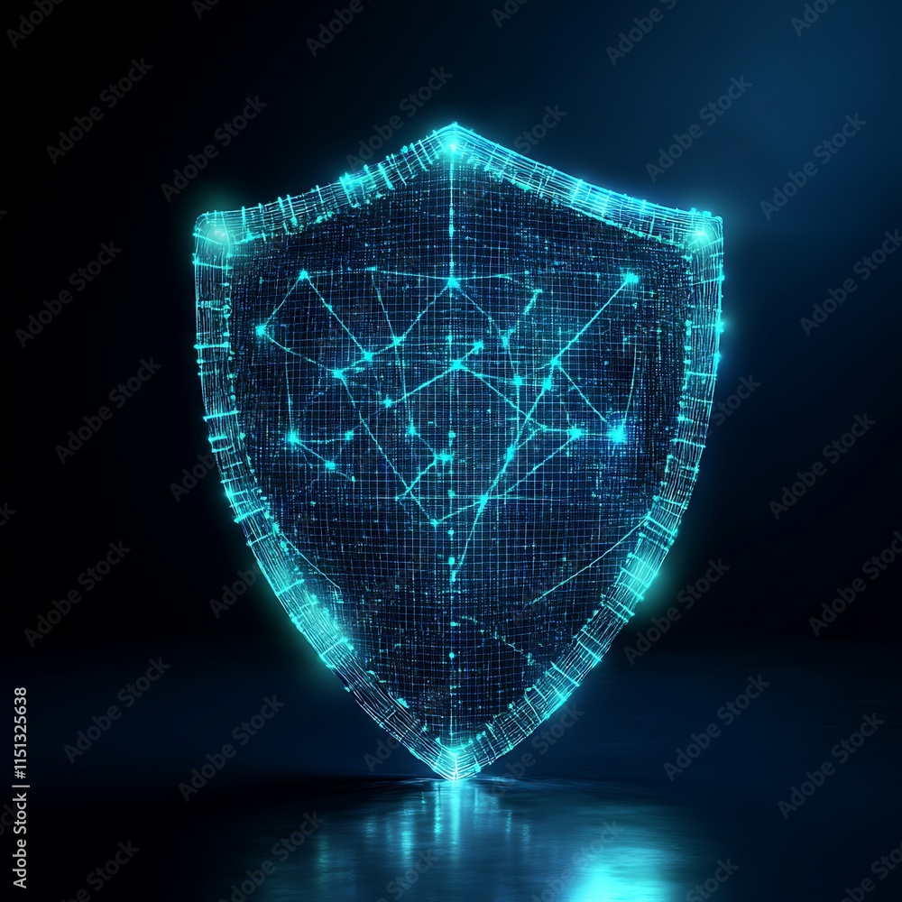 Poster futuristic cybersecurity shield representing digital protection and data safety in a tech realm