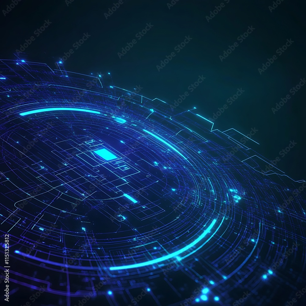 Poster futuristic data visualization with blue neon circles and grids in a dark background for technology c