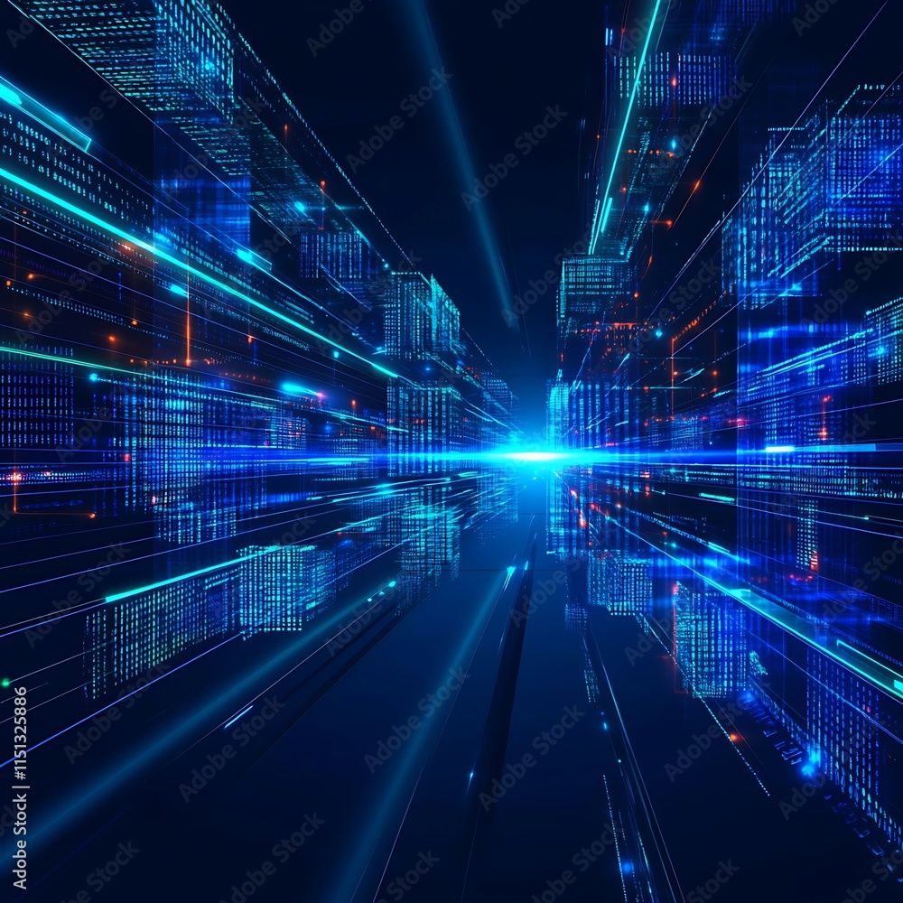 Poster futuristic data visualization with bright light beams and digital patterns in dark background