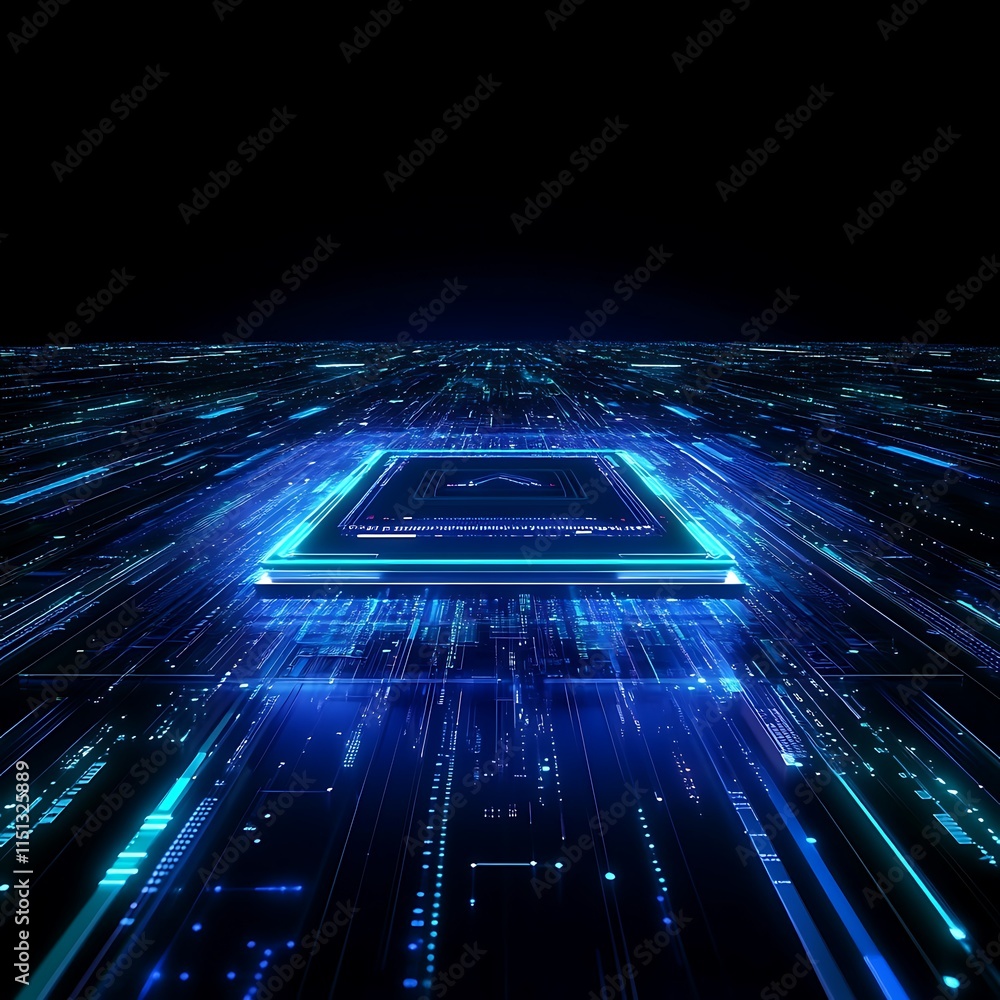 Poster futuristic digital background with abstract lines and vibrant glowing technology elements in dark sp