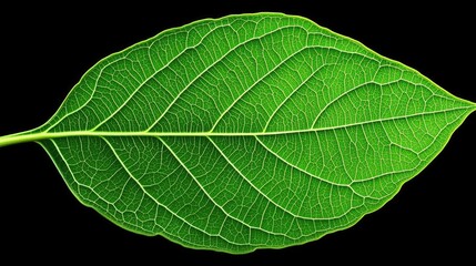 Obraz premium Green foliage concept. A vibrant green leaf showcasing intricate vein patterns on a dark background.