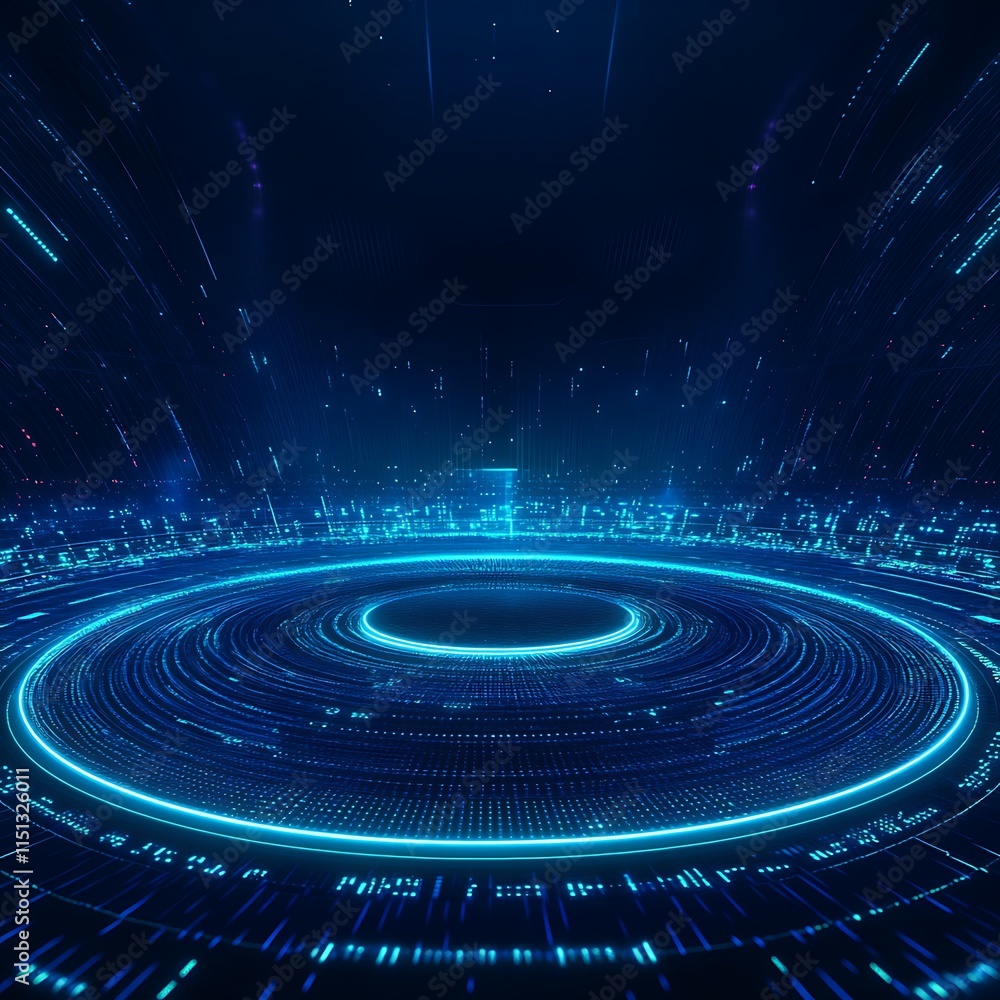 Poster futuristic digital background with circles and glowing lines in a dark space environment