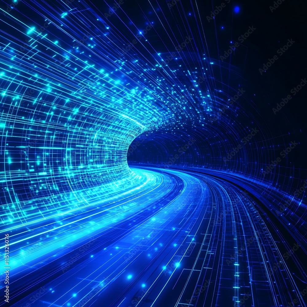Poster futuristic digital bright tunnel with glowing lines and light trails creating a technological illusi