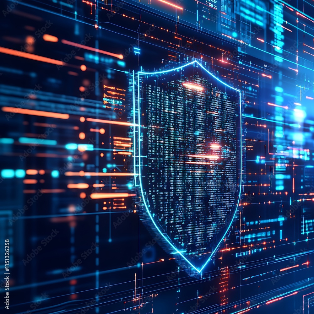 Poster futuristic digital cybersecurity shield with data flow and glowing lines in high-tech environment