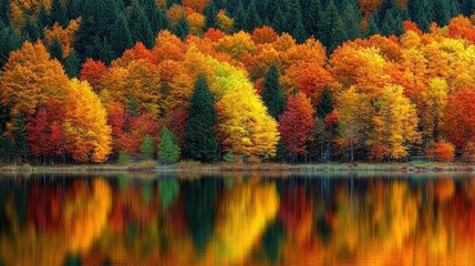Autumn lake idea. Vibrant autumn foliage reflected in a serene lake surrounded by dense evergreen trees.