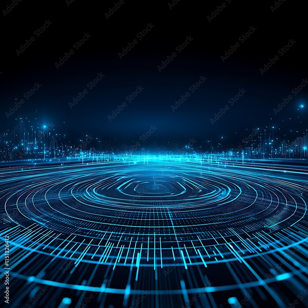 Poster futuristic digital landscape with circular patterns and glowing particles on a deep black background