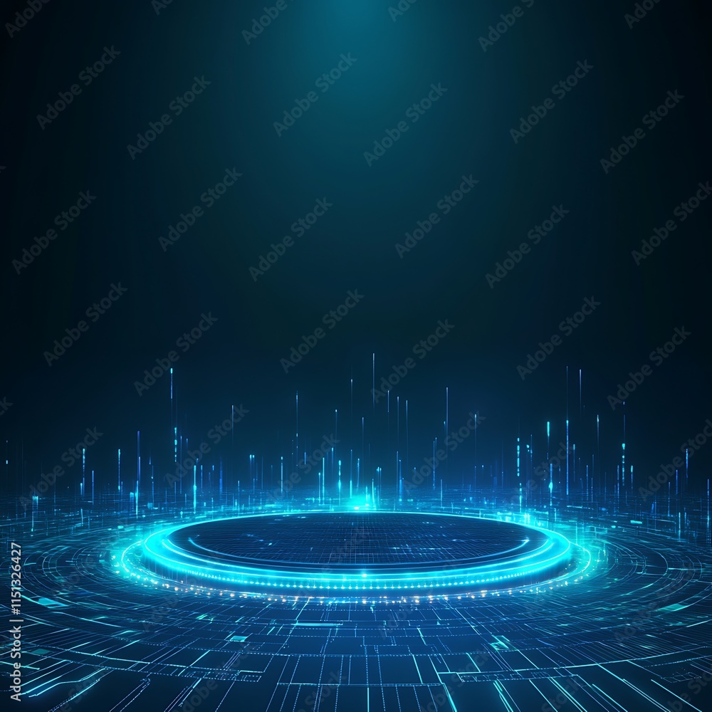 Poster futuristic digital landscape with glowing blue lines in circular pattern on dark background for tech