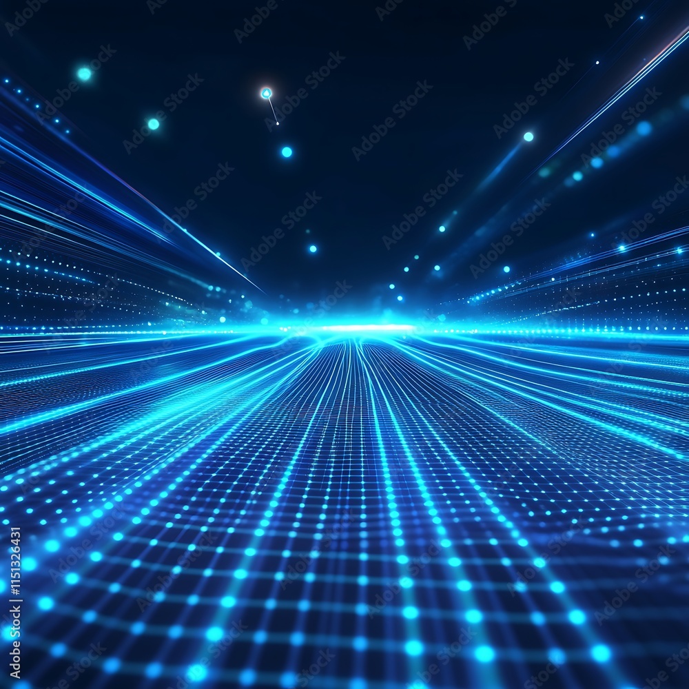Aufkleber futuristic digital landscape with glowing blue lines and dots creating a sense of depth and movement