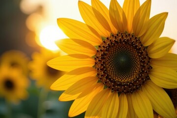 Fototapeta premium Close-up of a single sunflower facing the sun with its large petals and dark center, close-up photography, sunflower close-up