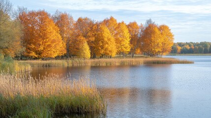 Fototapeta premium Autumn lake idea. Vibrant autumn trees reflect in a tranquil lake surrounded by golden reeds.