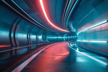 Wet asphalt road glowing with red and blue neon lights inside a futuristic tunnel