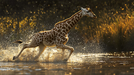 running giraffe during mid-day in a river with a eye-level angle 