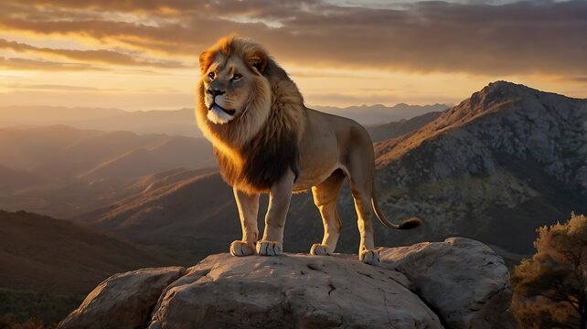 lion standing on a rocky ledge at sunrise, with a golden crown floating above its head, symbolizing power and royalty, against a dramatic mountain backdrop 