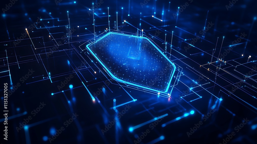Poster futuristic digital network with blue hexagon and glowing particles in high-tech cyber environment