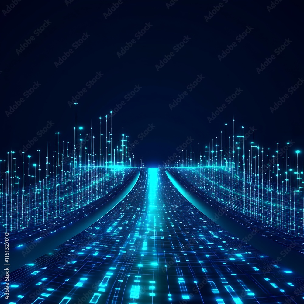 Poster futuristic digital pathway with blue light trails and abstract data visualization in a dark environm