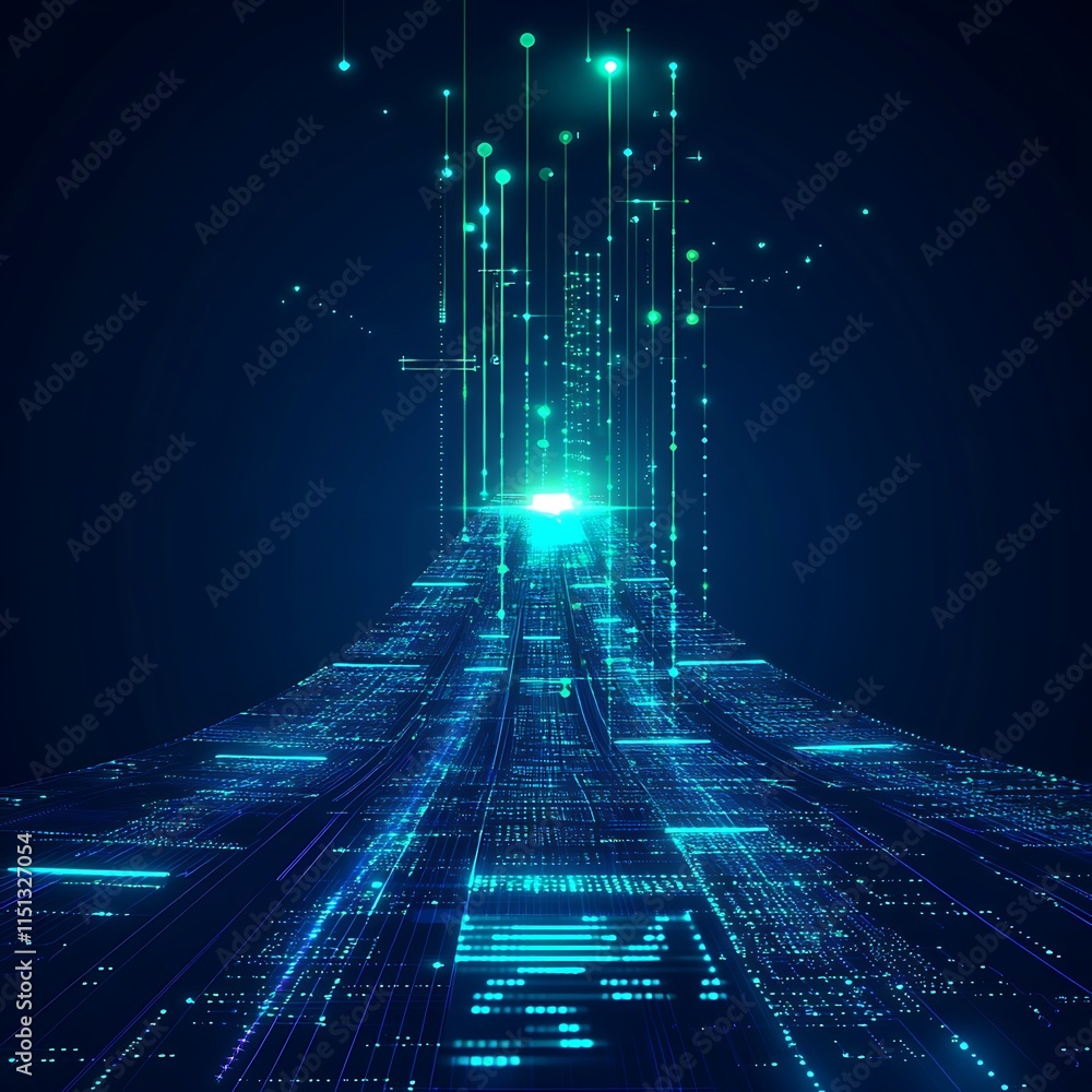 Poster futuristic digital pathway with glowing lines and particles in a blue high-tech environment