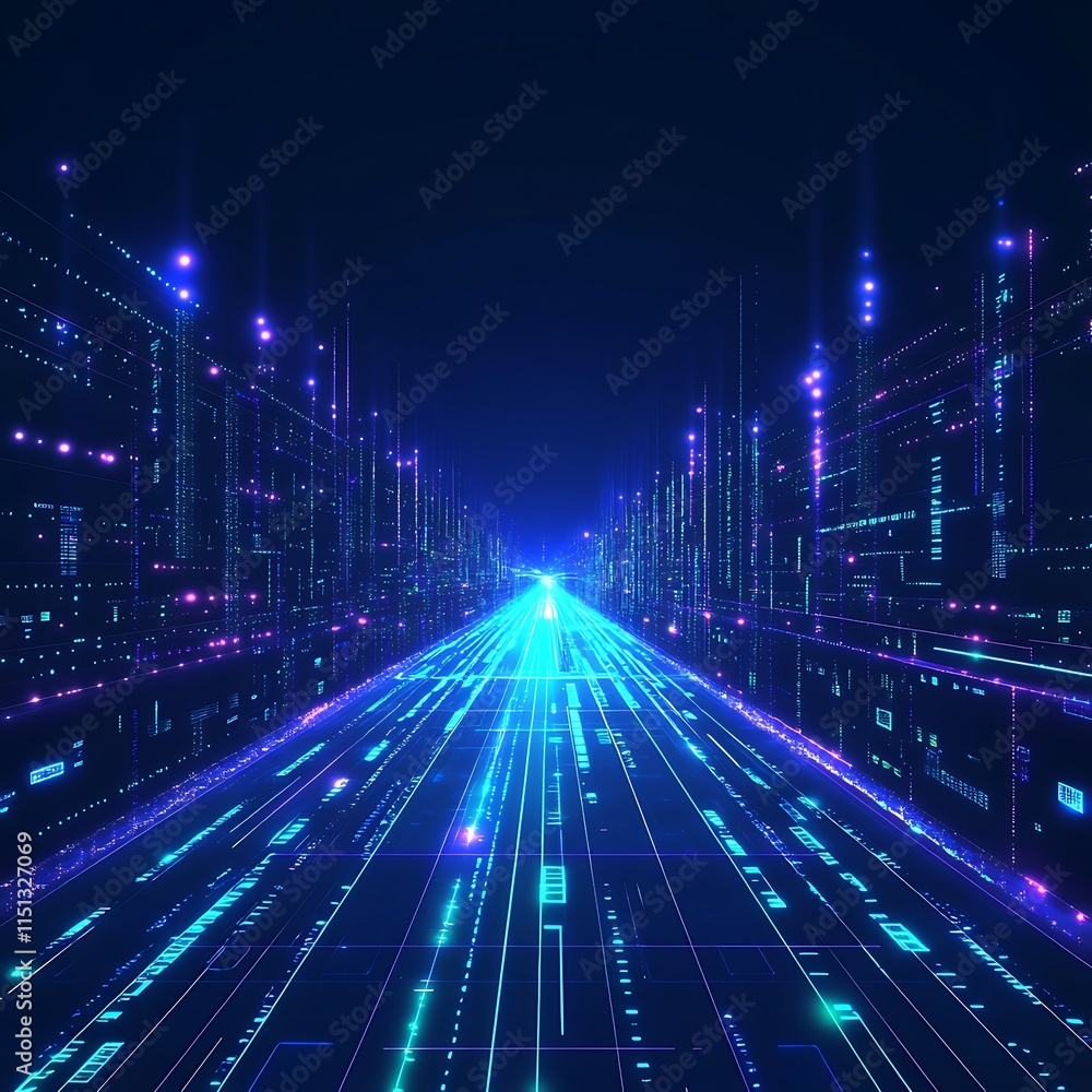 Poster futuristic digital pathway with neon lights and data streams in a cyber landscape