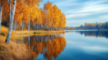 Fototapeta premium Autumn lake idea. Stunning autumn landscape with golden trees reflecting on peaceful lake waters.