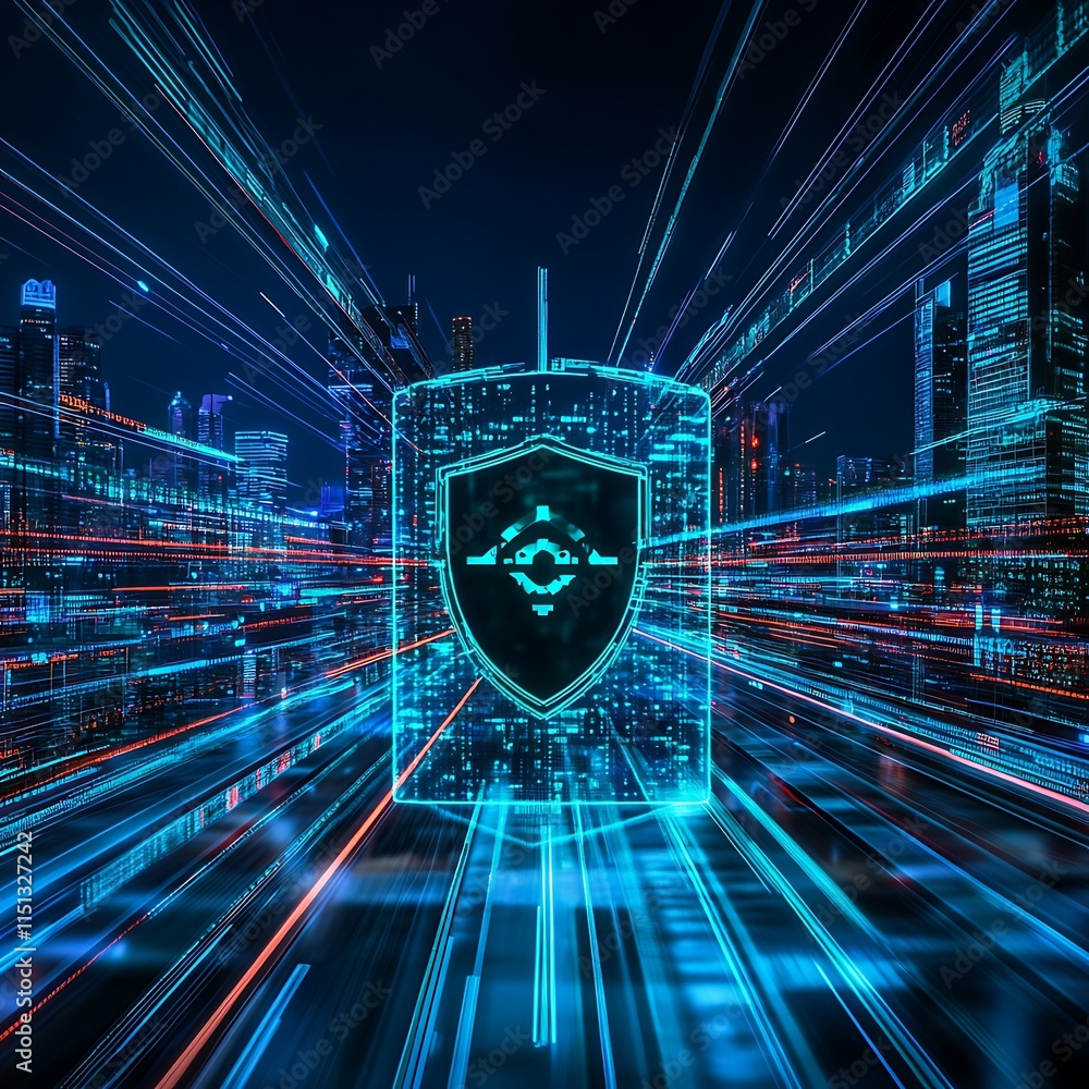 Poster futuristic digital security concept with shield and high-speed data streams across urban landscape