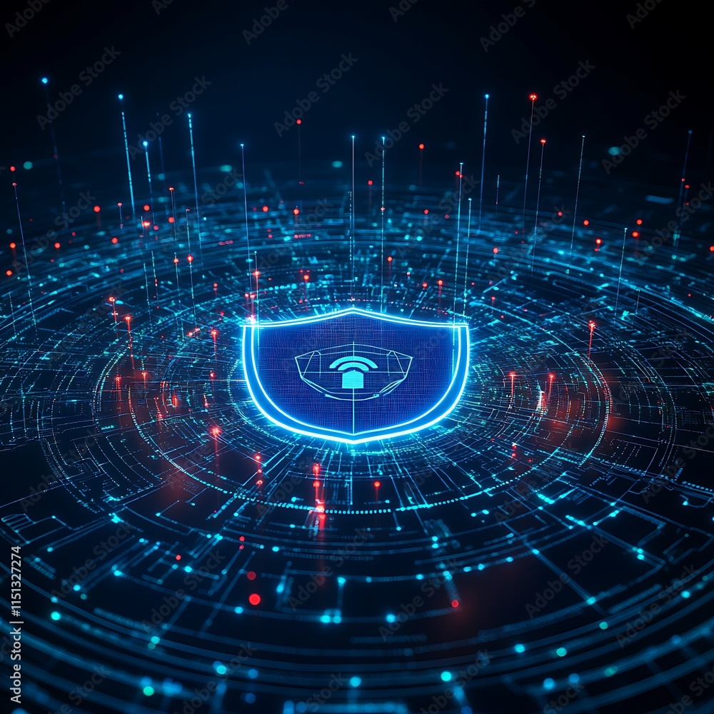 Poster futuristic digital security shield with data visualization and network connections in blue and red t
