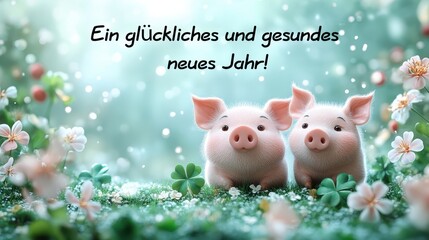 wallpaper with illustrations of German New Year icons: pigs, a sprig of green clover. With text "Happy New Year 2025" in german language 