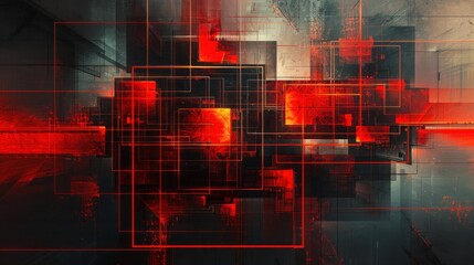 Abstract modern high-tech red black background. Composition of overlapping geometric shapes and lines.