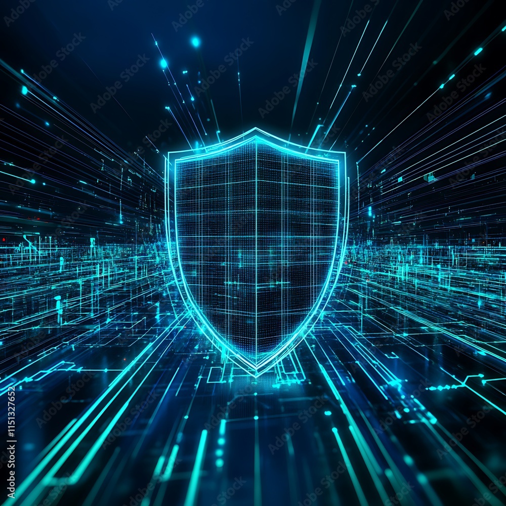 Poster futuristic digital shield concept representing cybersecurity and data protection in modern technolog