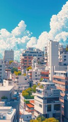 Fototapeta premium Vibrant clean lineart futuristic cityscape tokyo digital artwork urban environment aerial view anime style