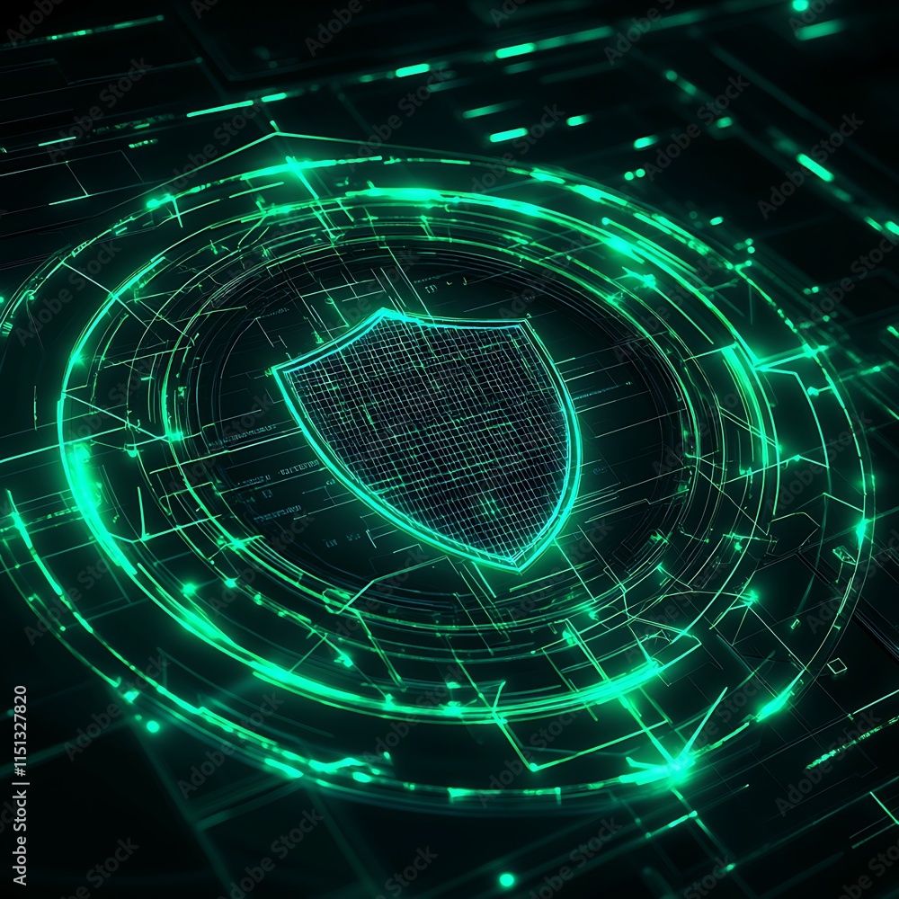 Aufkleber futuristic digital shield concept with green glow and high-tech patterns on dark background