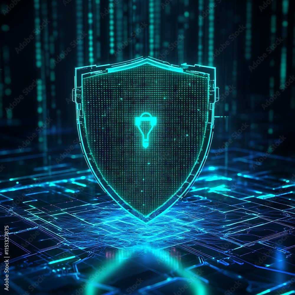 Poster futuristic digital shield concept with neon lights and data streams representing cybersecurity and p