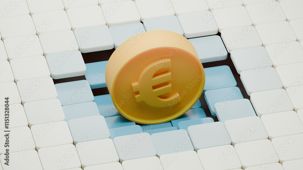 Poster 3d rendering of the euro coin. a coin on a background of white tiles. at the point of contact with t