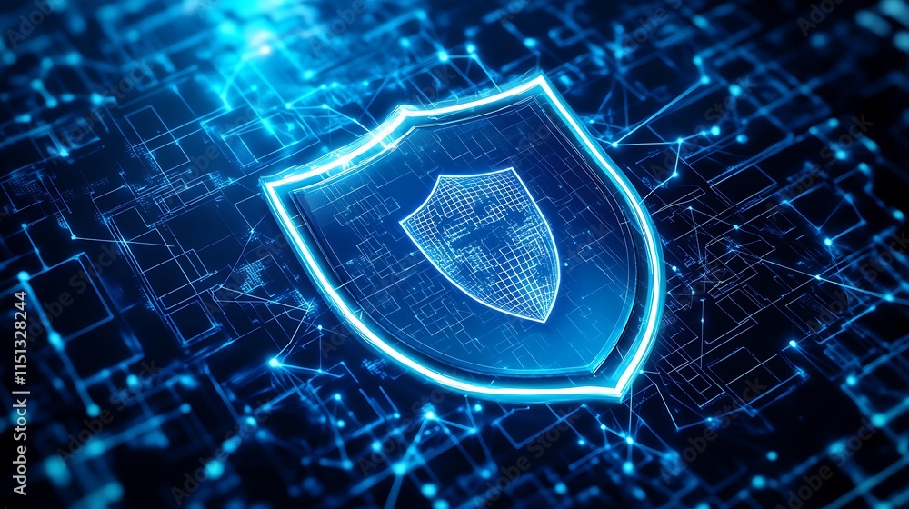 Poster futuristic digital shield icon representing cybersecurity and data protection in a technology networ