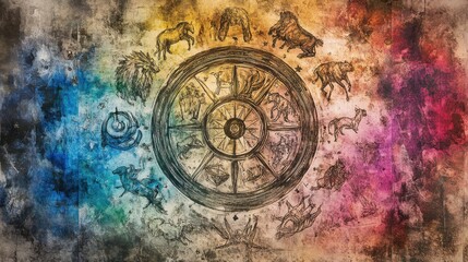 Fototapeta premium A celestial arrangement of all 12 zodiac signs on a multicolored watercolor background, drawn with intricate freehand strokes.