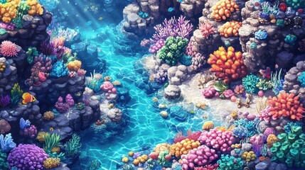 Illustrate an isometric underwater scene, showcasing a vibrant coral reef, diverse marine life, and hidden treasures among the rocks, all bathed in soft blue light.