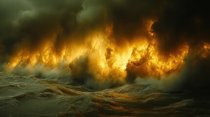 Fototapeta premium Fiery waves crashing under stormy clouds.