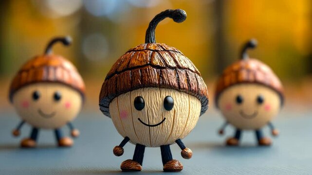 Three wooden figurines of acorns with hats on. They are smiling and appear to be happy