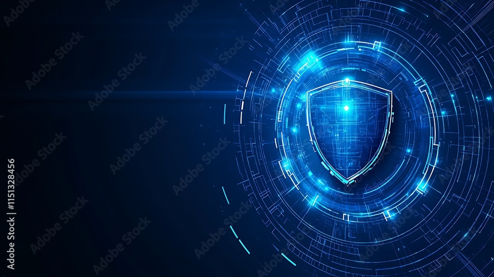 Poster futuristic digital shield icon with glowing blue elements in a technology background for security co