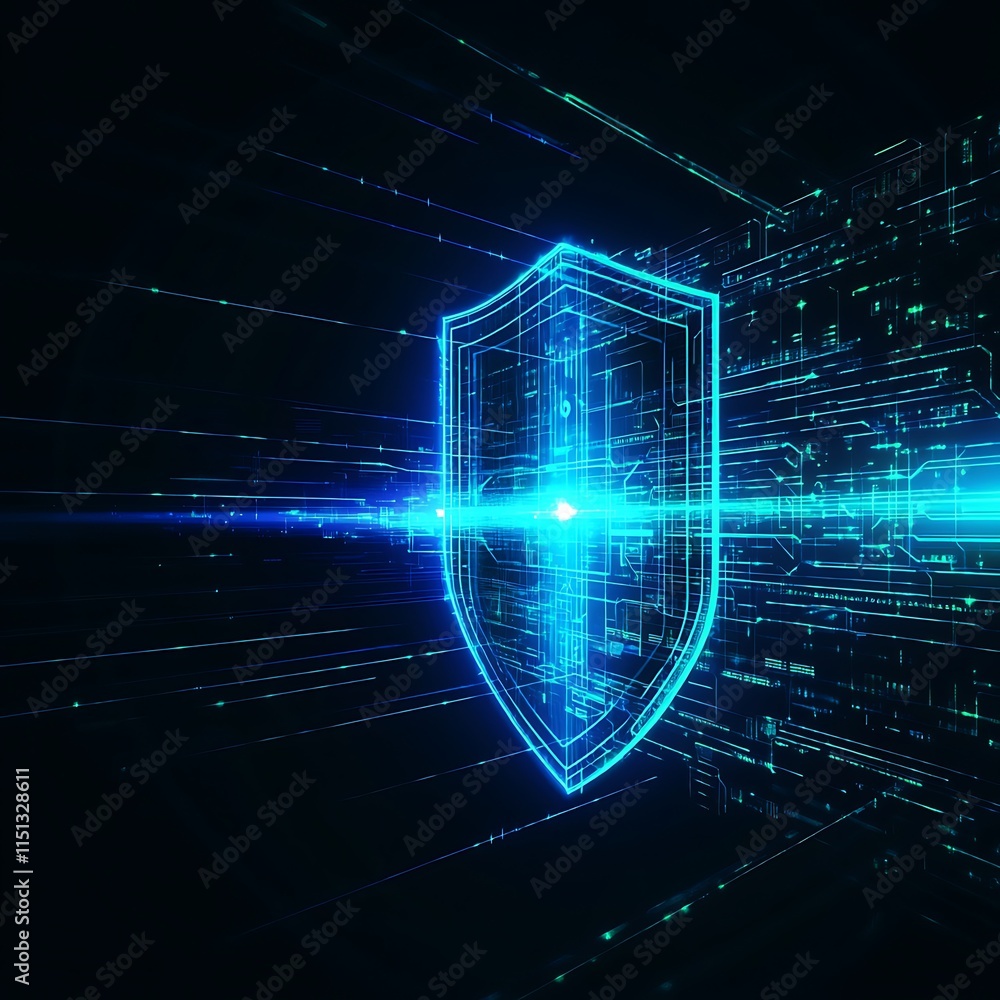 Aufkleber futuristic digital shield illustration with neon light effect in a data-driven technology background