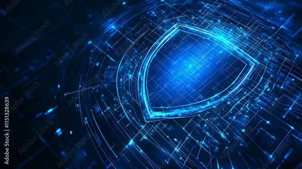 Poster futuristic digital shield in blue with glowing lines and data points representing cybersecurity conc