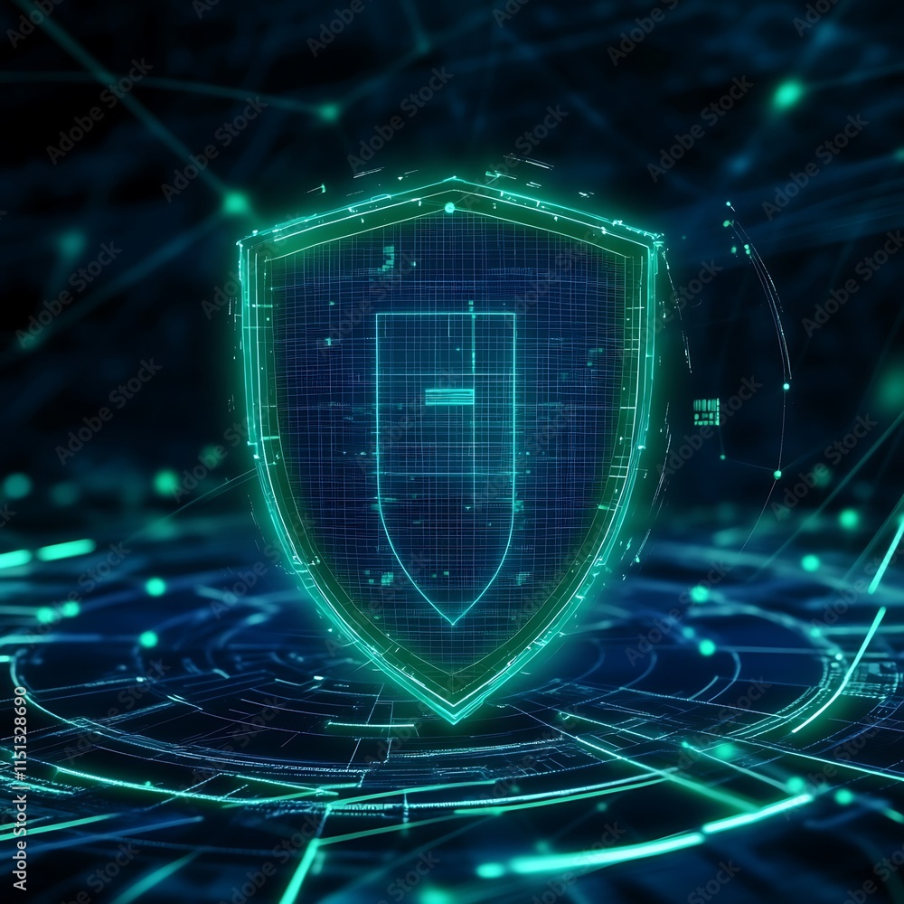 Poster futuristic digital shield on abstract background representing cybersecurity and data protection conc