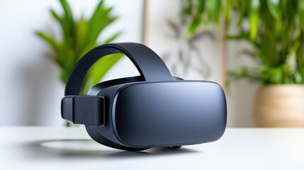 A sleek virtual reality headset rests on a table, surrounded by greenery, showcasing modern technology in an inviting environment.