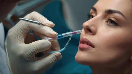 Doctor performing non-surgical rhinoplasty using hyaluronic acid filler injection